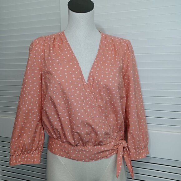 Madewell Wrap Top Star Scatter Coral Wrap Front Cotton Blouse Womens Medium - Picture 2 of 13